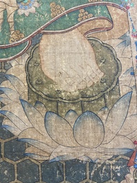 Chinese school: 'Buddha standing on two lotus flowers', ink and colour on silk, 18/19th C.
