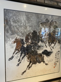 Ma Xinle 馬欣樂 (1963-): 'Douze chevaux dans la neige', encre et couleurs sur papier, dat&eacute; 1993