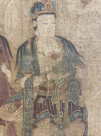 Chinese school: 'Buddha seated on a lotus throne', ink and colour on silk, 18/19th C.