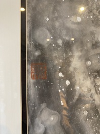 Ma Xinle 馬欣樂 (1963-): 'Douze chevaux dans la neige', encre et couleurs sur papier, dat&eacute; 1993