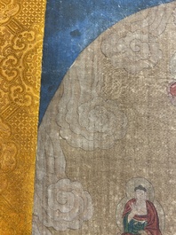 Chinese school: 'Buddha standing on two lotus flowers', ink and colour on silk, 18/19th C.