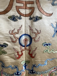 A large Chinese yellow-ground silk embroidery decorated with three five-clawed dragons, 19th C.