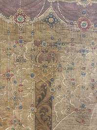 Chinese school: 'Buddha seated on a lotus throne', ink and colour on silk, 18/19th C.