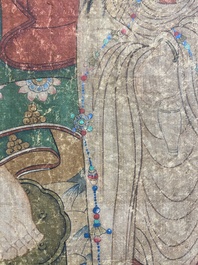 Chinese school: 'Buddha standing on two lotus flowers', ink and colour on silk, 18/19th C.