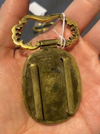 A pair of Chinese gilt-bronze belt ornaments with moss agate, Qianlong