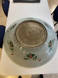An extremely large Chinese famille verte 'quail and peony' dish, Kangxi mark, 20th C.