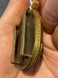 A pair of Chinese gilt-bronze belt ornaments with moss agate, Qianlong