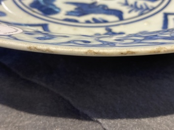 A Chinese blue and white 'cranes' dish, Fu Gui Jia Qi 富貴佳器 mark, Jiajing/Wanli