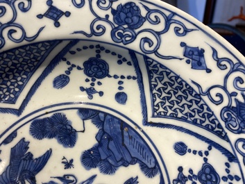 A Chinese blue and white 'cranes' dish, Fu Gui Jia Qi 富貴佳器 mark, Jiajing/Wanli