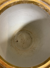 A large Chinese blue and white crackle-glazed 'carps' vase with fine gilt bronze mounts, 18/19th C.