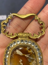A pair of Chinese gilt-bronze belt ornaments with moss agate, Qianlong