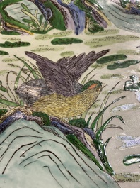 An extremely large Chinese famille verte 'quail and peony' dish, Kangxi mark, 20th C.