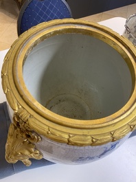 A large Chinese blue and white crackle-glazed 'carps' vase with fine gilt bronze mounts, 18/19th C.