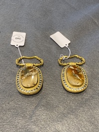 A pair of Chinese gilt-bronze belt ornaments with moss agate, Qianlong