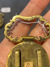 A pair of Chinese gilt-bronze belt ornaments with moss agate, Qianlong