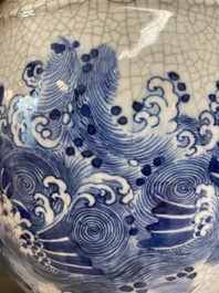 A large Chinese blue and white crackle-glazed 'carps' vase with fine gilt bronze mounts, 18/19th C.