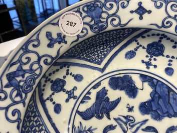 A Chinese blue and white 'cranes' dish, Fu Gui Jia Qi 富貴佳器 mark, Jiajing/Wanli