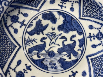 A Chinese blue and white 'cranes' dish, Fu Gui Jia Qi 富貴佳器 mark, Jiajing/Wanli
