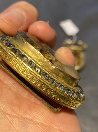 A pair of Chinese gilt-bronze belt ornaments with moss agate, Qianlong