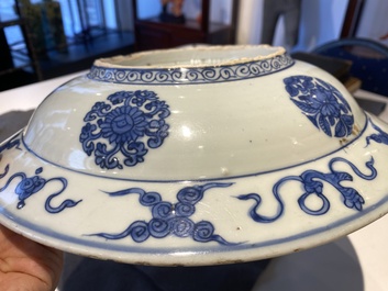 A Chinese blue and white 'cranes' dish, Fu Gui Jia Qi 富貴佳器 mark, Jiajing/Wanli