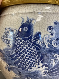 A large Chinese blue and white crackle-glazed 'carps' vase with fine gilt bronze mounts, 18/19th C.