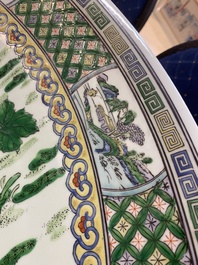 An extremely large Chinese famille verte 'quail and peony' dish, Kangxi mark, 20th C.