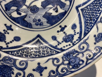 A Chinese blue and white 'cranes' dish, Fu Gui Jia Qi 富貴佳器 mark, Jiajing/Wanli