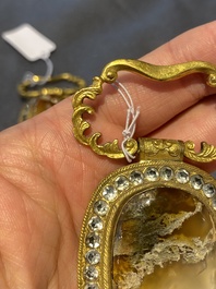 A pair of Chinese gilt-bronze belt ornaments with moss agate, Qianlong