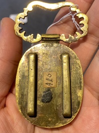 A pair of Chinese gilt-bronze belt ornaments with moss agate, Qianlong
