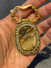 A pair of Chinese gilt-bronze belt ornaments with moss agate, Qianlong