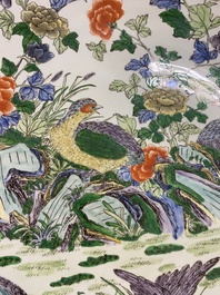 An extremely large Chinese famille verte 'quail and peony' dish, Kangxi mark, 20th C.