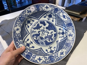 A Chinese blue and white 'cranes' dish, Fu Gui Jia Qi 富貴佳器 mark, Jiajing/Wanli