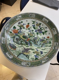 An extremely large Chinese famille verte 'quail and peony' dish, Kangxi mark, 20th C.