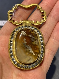 A pair of Chinese gilt-bronze belt ornaments with moss agate, Qianlong