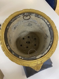 A large Chinese blue and white crackle-glazed 'carps' vase with fine gilt bronze mounts, 18/19th C.