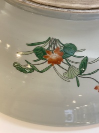 An extremely large Chinese famille verte 'quail and peony' dish, Kangxi mark, 20th C.