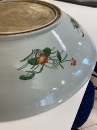 An extremely large Chinese famille verte 'quail and peony' dish, Kangxi mark, 20th C.