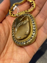 A pair of Chinese gilt-bronze belt ornaments with moss agate, Qianlong