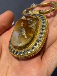 A pair of Chinese gilt-bronze belt ornaments with moss agate, Qianlong