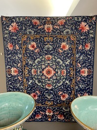 A Chinese blue-ground embroidered silk throne cushion cover, 18/19th C.