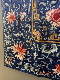 A Chinese blue-ground embroidered silk throne cushion cover, 18/19th C.