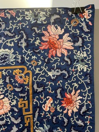 A Chinese blue-ground embroidered silk throne cushion cover, 18/19th C.