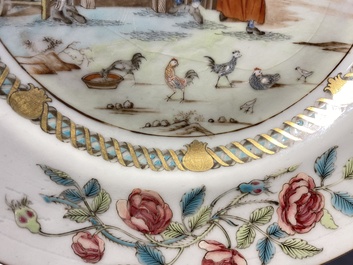 A pair of Chinese famille rose plates with peasants playing cards in the style of the painter David Teniers II, Qianlong