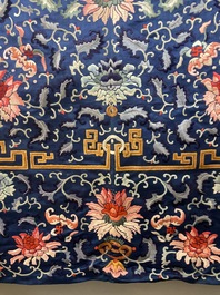 A Chinese blue-ground embroidered silk throne cushion cover, 18/19th C.