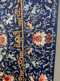 A Chinese blue-ground embroidered silk throne cushion cover, 18/19th C.