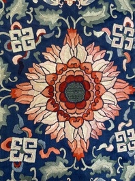 A Chinese blue-ground embroidered silk throne cushion cover, 18/19th C.