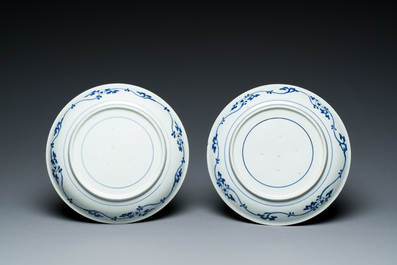 A pair of Japanese blue and white plates and a rectangular pounce pot, Arita, Edo, 18th C.