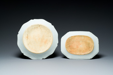 Two Chinese blue, white and famille rose tureens and covers on stands, Qianlong