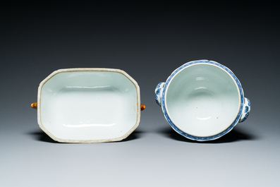 Two Chinese blue, white and famille rose tureens and covers on stands, Qianlong
