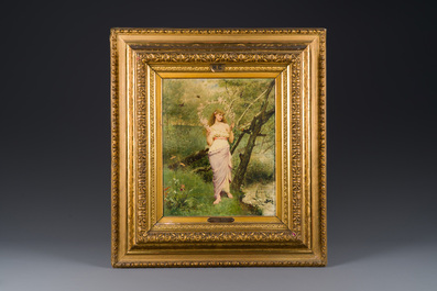 Jacques-Cl&eacute;ment Wagrez (Franse school, 1850-1908): 'Jonge vrouw met bloemenslinger', olie op doek, gedateerd 1881